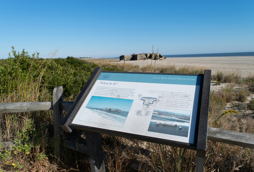 Bayshore Heritage Byway, NJ, Cape May Point State Park, Cape May Point, Lower Township, NJ – Wayside Exhibit for WWII Bunker and Beach View
